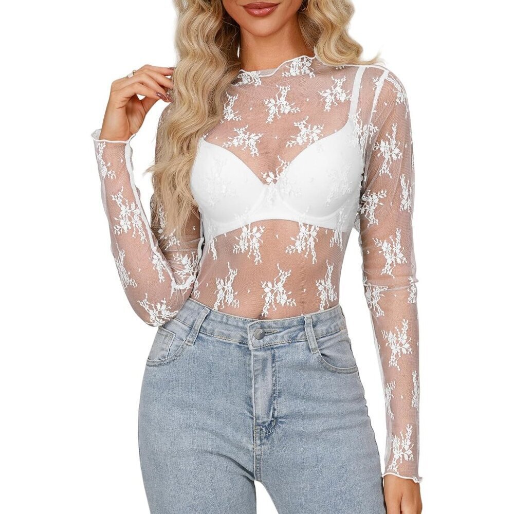 🆕Women's White Polyamide Mesh Sheer Long Sleeve Mock Neck Lace Floral Blouse